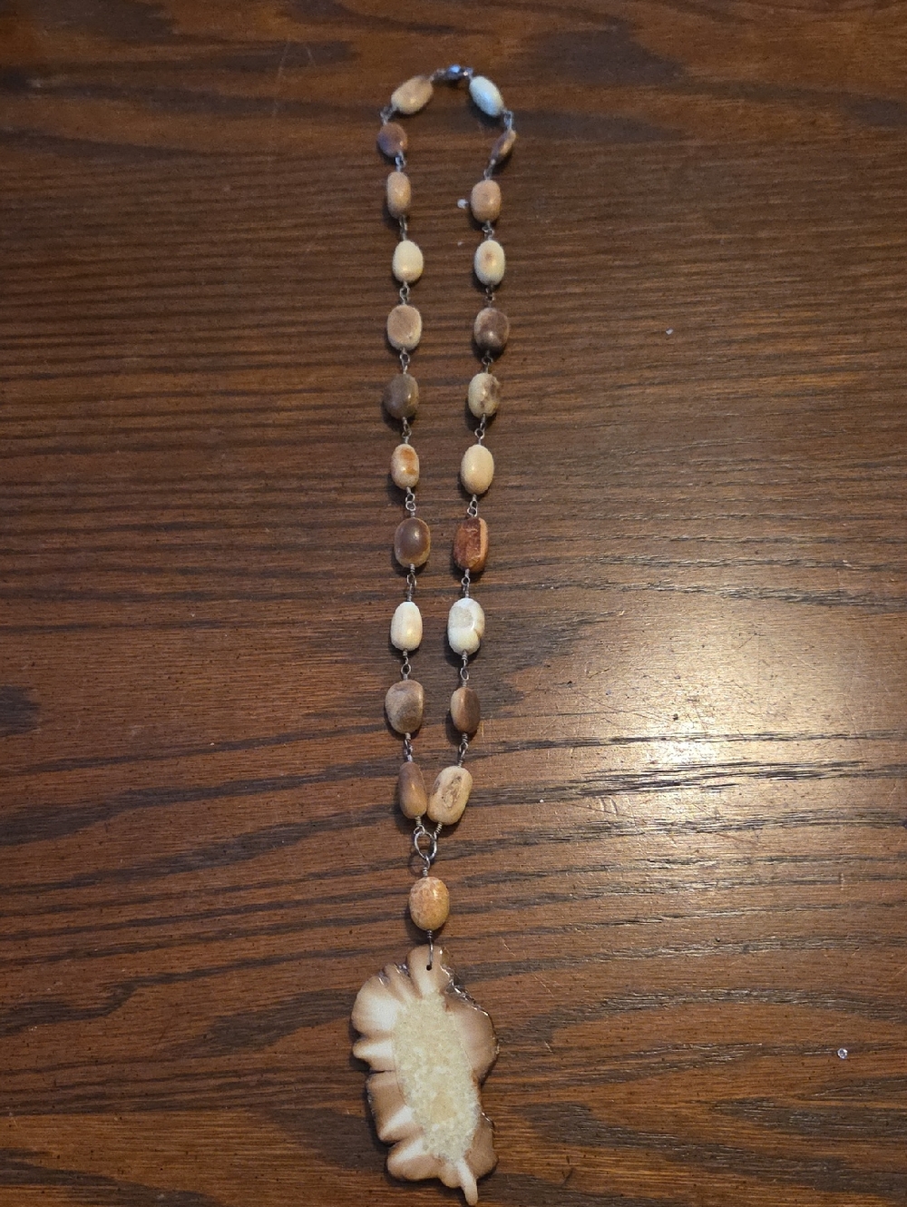 Natural Wood Bead Pendant Necklace in Brown and Cream